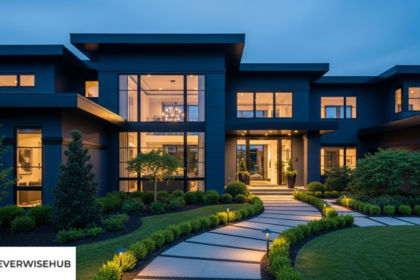 dark blue house with black trim