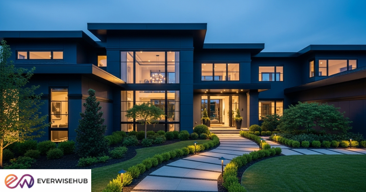 dark blue house with black trim