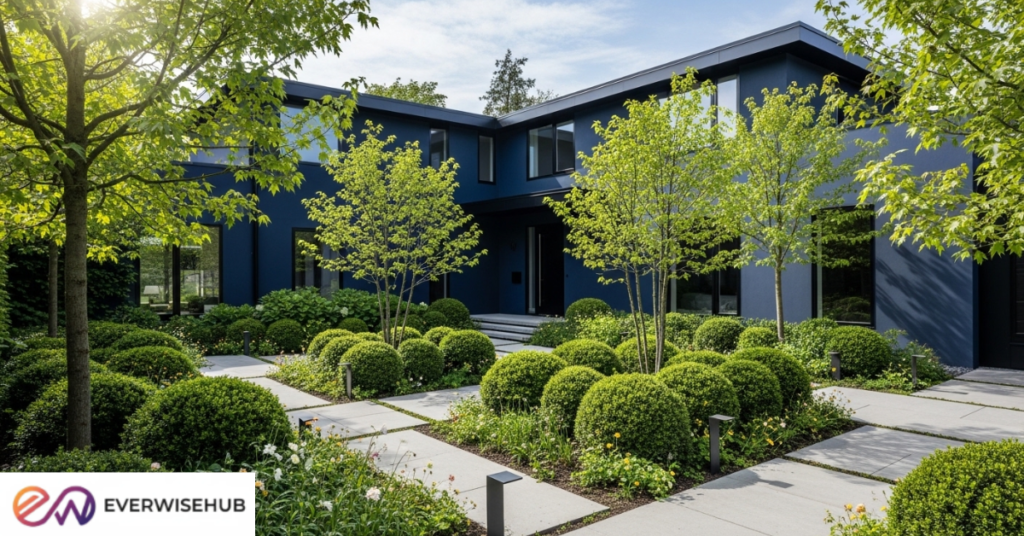 dark blue house with black trim
